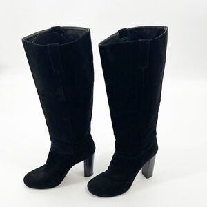 J Crew Bryce Suede Pull-On Knee High Heeled Boots Black size 7 Made in Italy